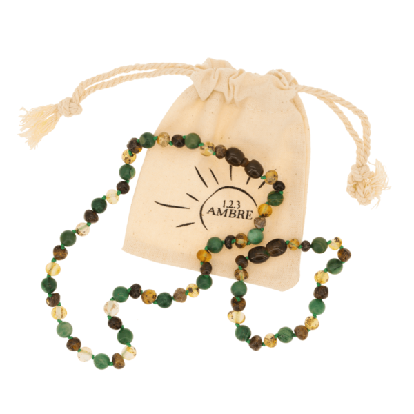 Pack collier + bracelet bébé ambre vert et jade